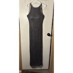 Scala 100% Silk Long Beaded Sequin Evening Gown Navy Blue SZ Small